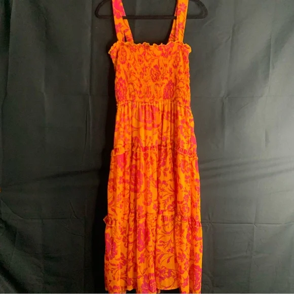 NWT Umgee Vibrant Orange and Pink Floral Smocked Tiered Dress, size L - Picture 10 of 10